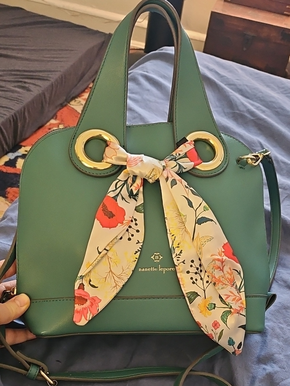 Nanette Lepore Green Handbag with Floral Scarf Accent